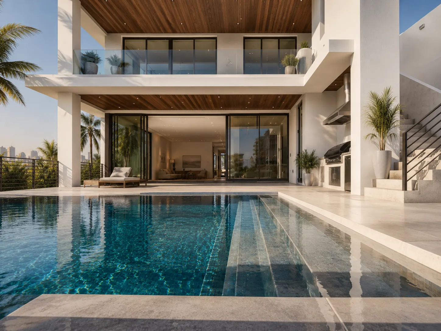 Modern villa with a warm timber soffit and living space opening to a still pool