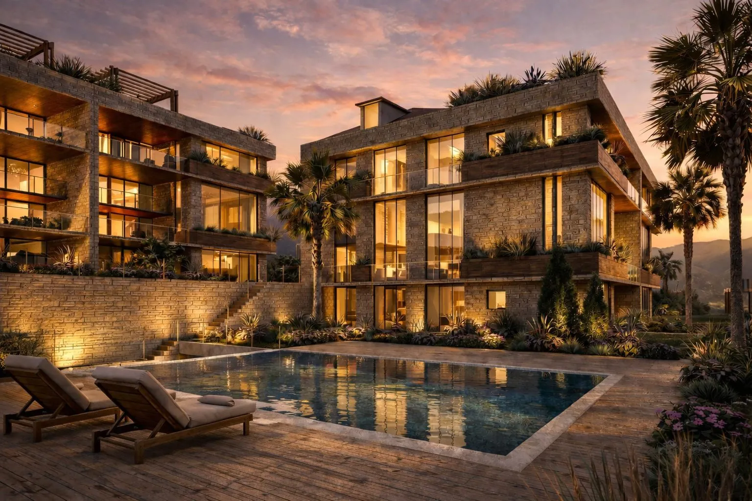 Stone-clad terraced residences glowing at dusk above a swimming pool and timber deck, Byblos Resort