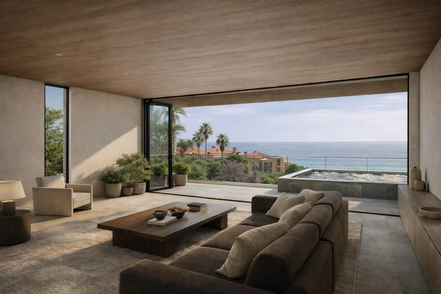 Living room opening to a shaded terrace and plunge pool with a Mediterranean sea view, Byblos Resort