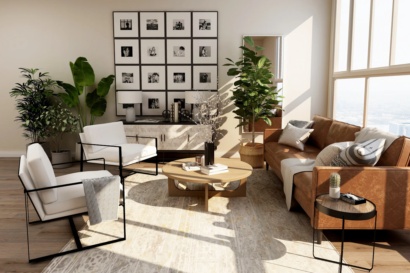 Living room in warm neutrals with tan leather and broad side light