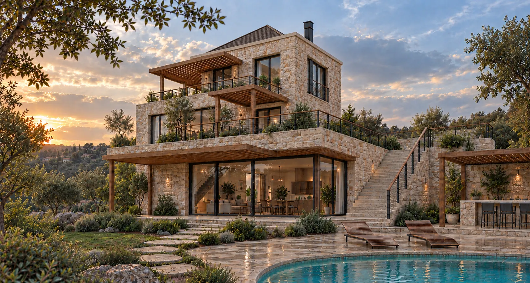 Entwurfsvisualisierung derselben Villa mit Naturstein, bepflanzten Terrassen, Pergolen und geplantem Pool